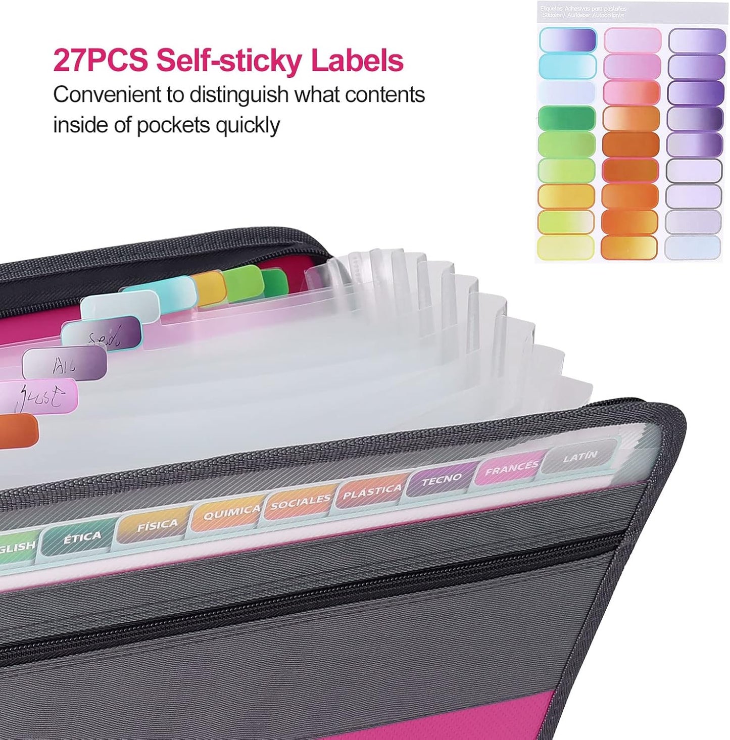 MEGREZ A4 Paper File Folder with 13 Pockets, Accordion File Folder with Zipper File Folder Organizer for Office, Waterproof Expanding File Folder with Tabs, Pink & Blue(2 Packs)