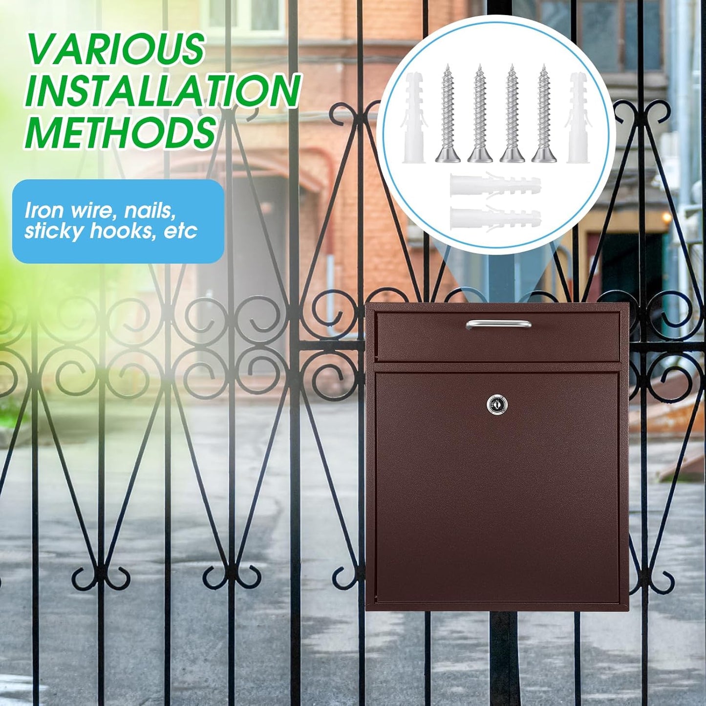 Locking Mailbox with Key for Outdoor 12 x 10.5 x 4.7 Inches Large Wall Mount Mail Box with Lock Security Mail Drop Metal Collection Boxes Hanging Secure Postbox(Brown)