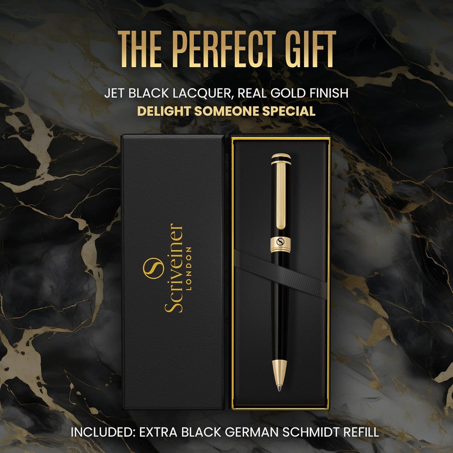 Scriveiner Black Lacquer Ballpoint Pen -Stunning Luxury Pen, Real Gold Plating, Schmidt Black Refill, Best Gift Set for Men & Women, Professional Executive Office, Nice Fancy Designer Pens