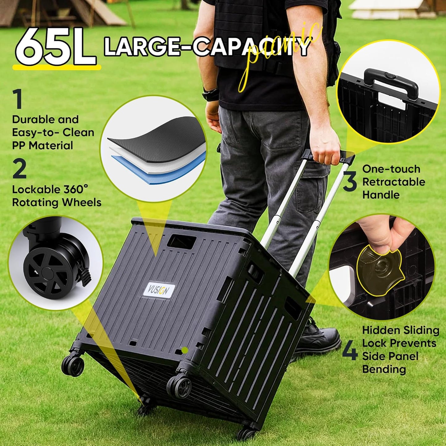 VUSIGN Folding Utility Cart, Foldable Rolling Crate Handcart with Lid, Portable Collapsible Shopping Trolley Tool Box, 4 Rotate Wheels for Grocery, Office, Travel, Teacher, Luggage, Black