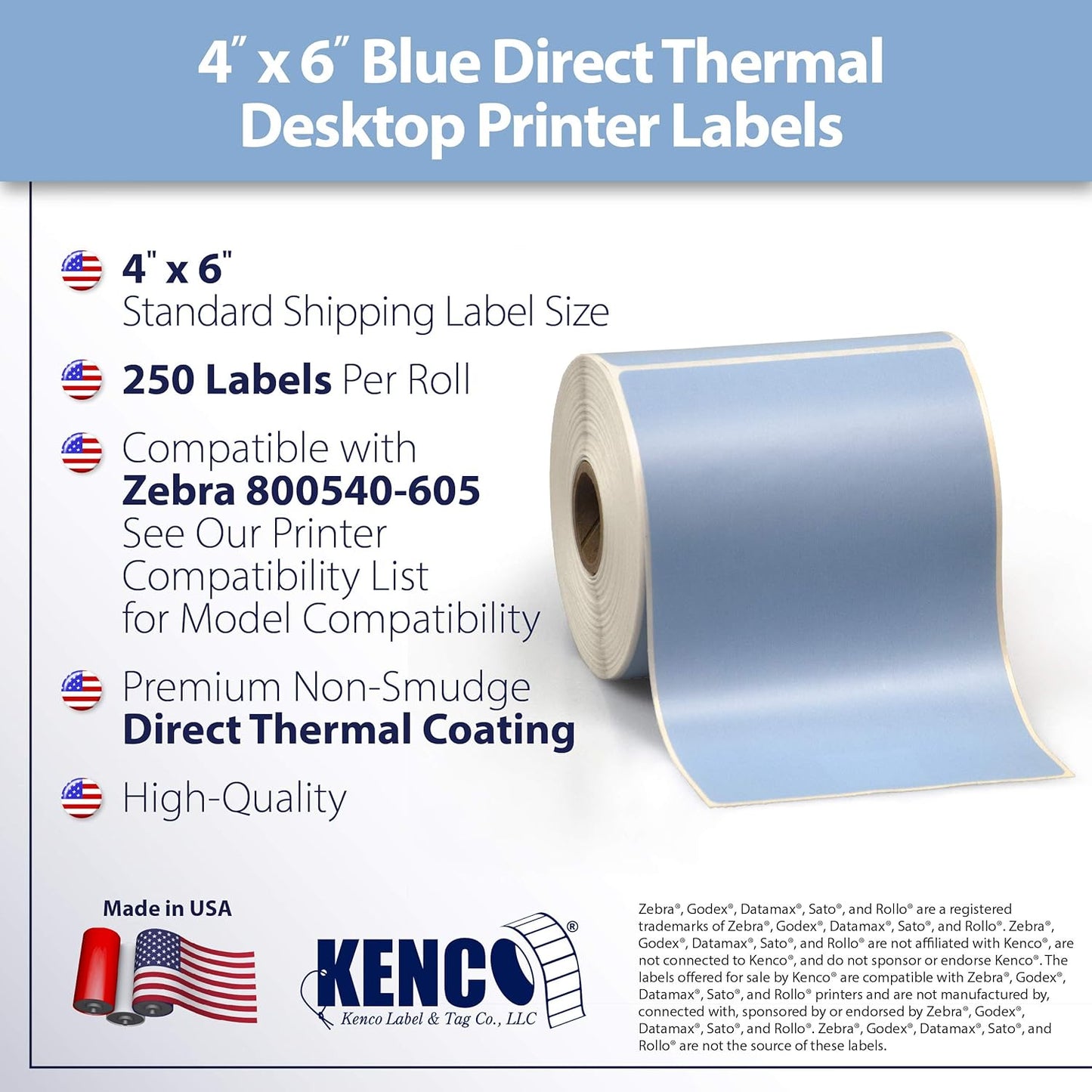 4" X 6" Direct Thermal Perforated Stickers Labels for Shipping Labels, Inventory, and Color Coding - Compatible with Zebra, Rollo, Godex and More (Blue, 24 Rolls)