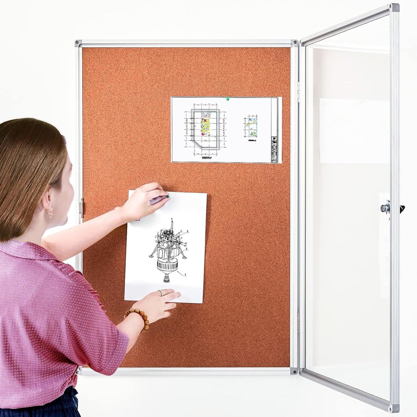 BIBOC EnclosedCork Bulletin Board 36x24 inch Lockable Cork Noticeboard Display Cases Tamperproof Notice Poster Memo Board with Class 1 Aluminum Frame (Cork, 24×36 inches)