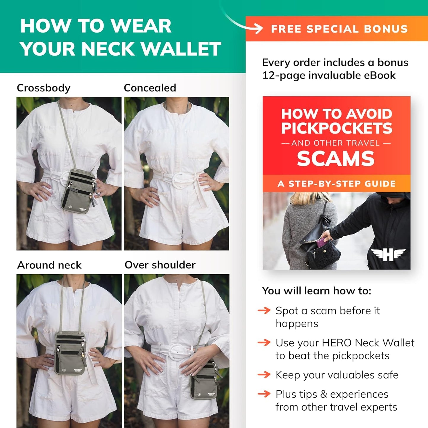 HERO Neck Wallet, RFID Blocking Passport Holder, Easy to Conceal Travel Pouch