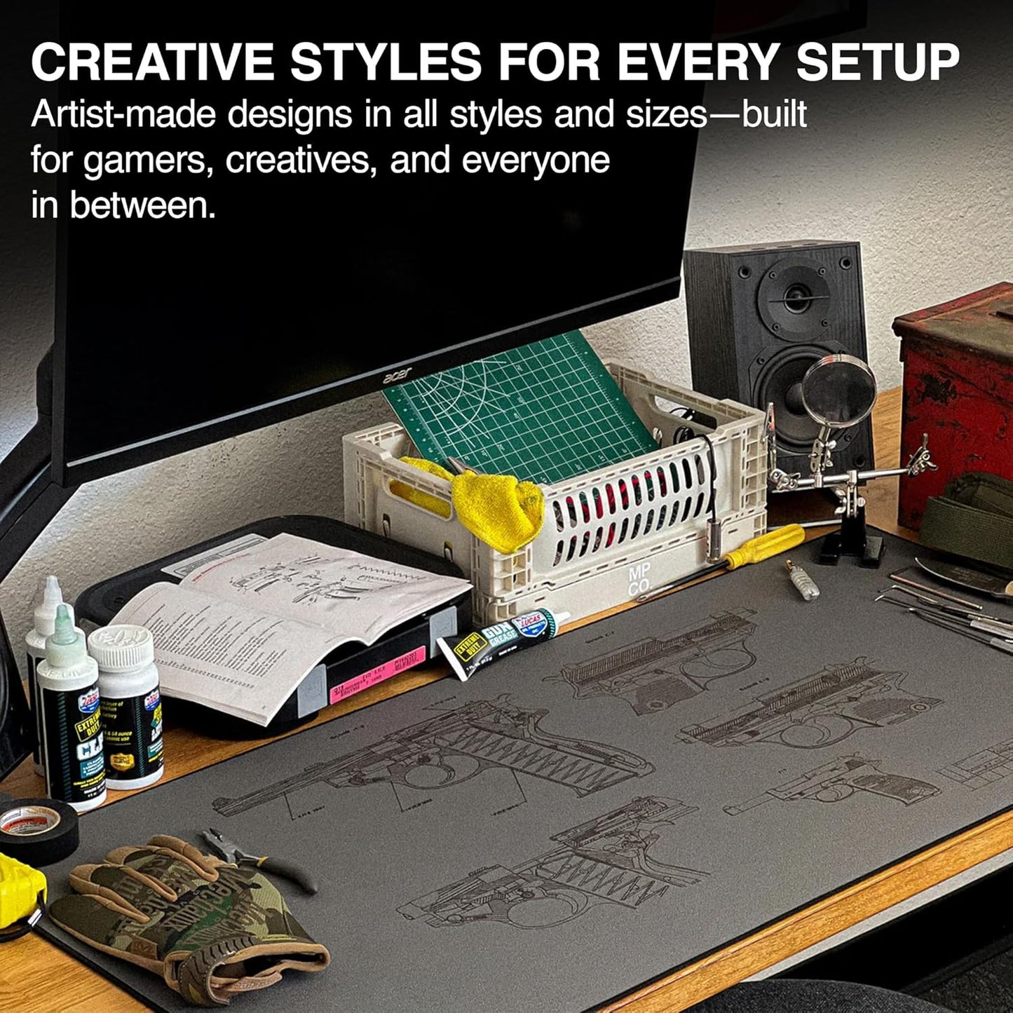 MPCO. Blueprints Large Gaming Desk Pad - 36" x 17" Duraglyde Fabric Pistol 38 – Green Desk Mats - Non-Slip, Washable, Smooth Glide for Precision Gaming & Work