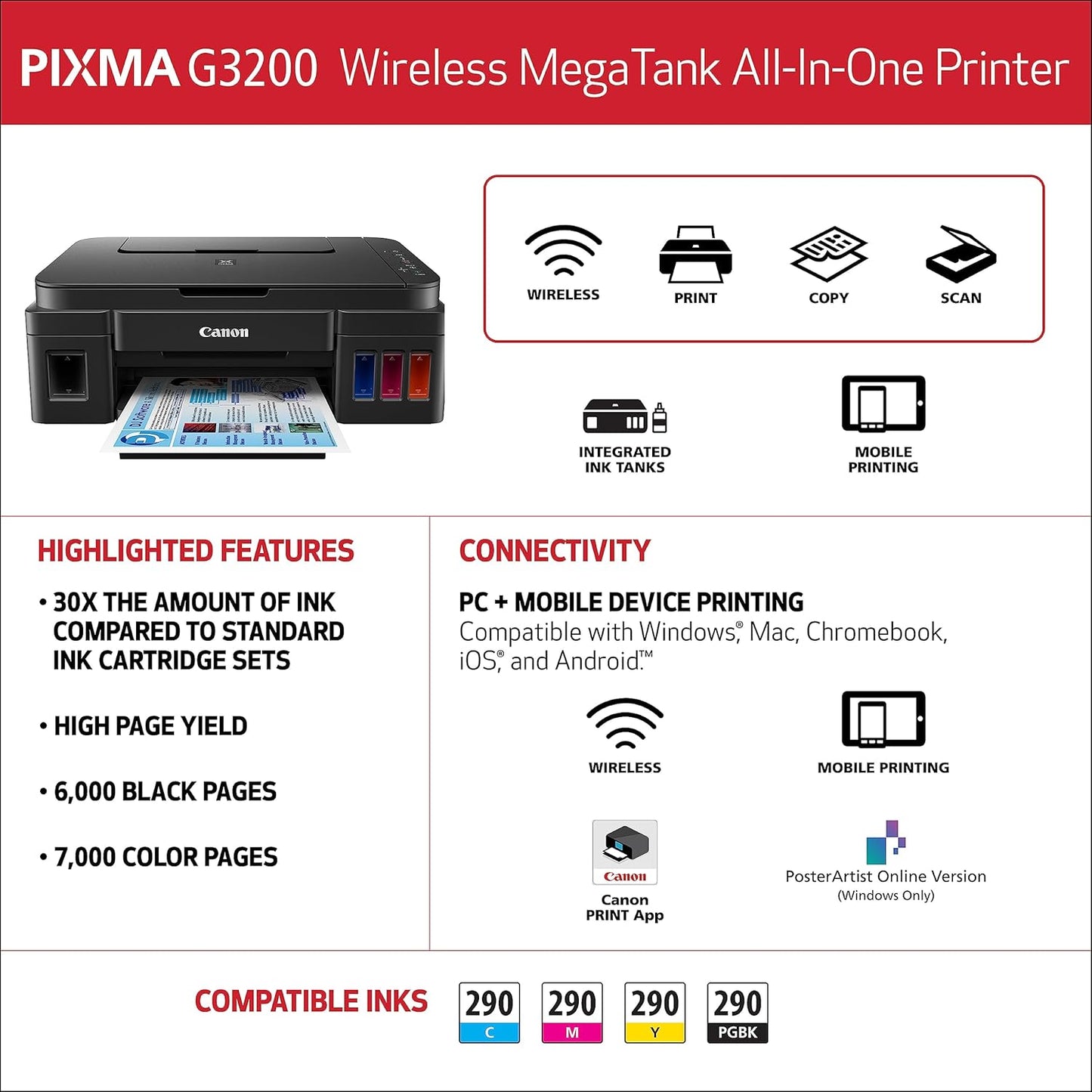 Canon G3200 All-In-One Wireless Supertank (MegaTank) Printer| Copier| Scanner| and Mobile Printing, Black, 6.5" x 17.6" x 13" (0630C002)