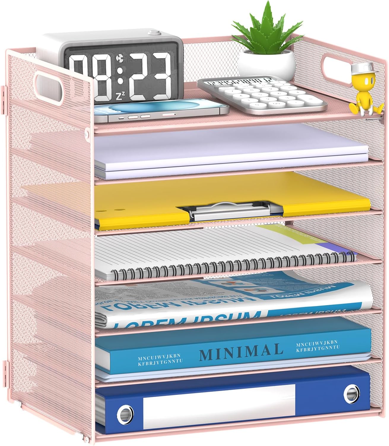 7 Tier Paper Organizer - Mesh Desktop File Holder with Handles for Office School Desk, Black (Pink)
