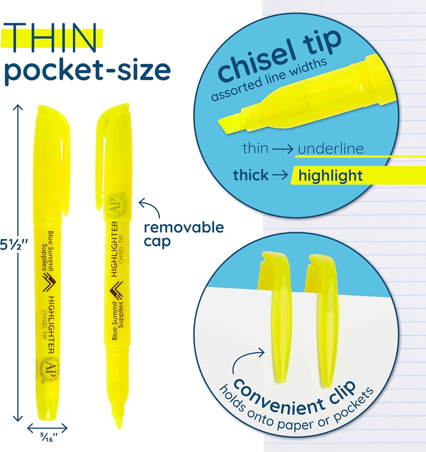 Blue Summit Supplies 100 Pack Chisel Tip Yellow Highlighters Bulk Classroom, Pocket Thin Highlighters Yellow Bulk for Adults and Kids Highlighting in Home, School, or Office, Quick Dry