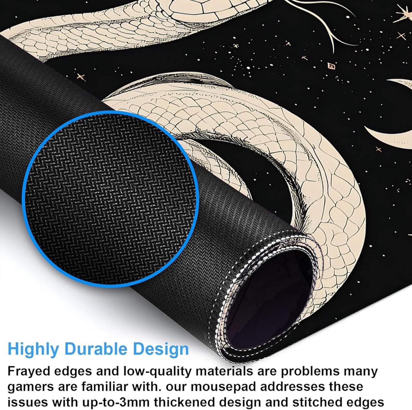 Desk Mat, Boho Gothic Snake and Pink Rose Large Gaming Mouse Pad with Non-Slip Base Stitched Edges,Desk pad for Keyboard and Mouse Home Office 35.4"x15.7"