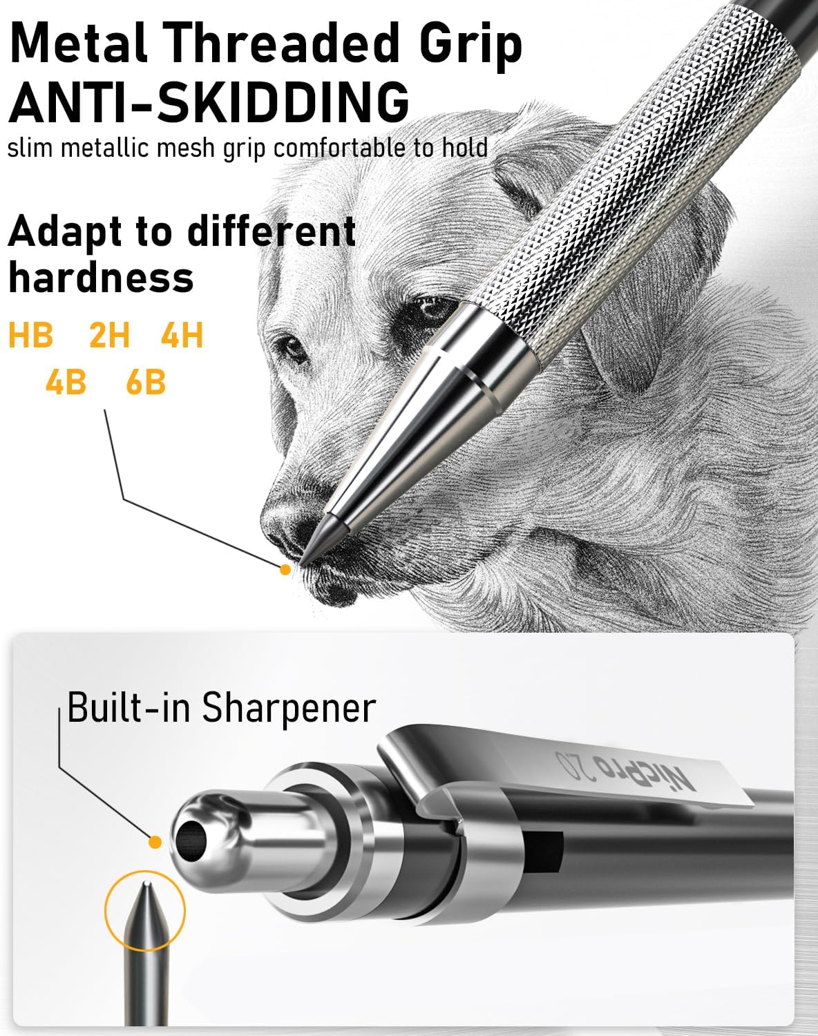 Nicpro 34PCS Black Art Mechanical Pencils Set, Metal Drafting Pencil 0.3, 0.5, 0.7, 0.9 mm & 2PCS 2mm Lead Holder (6B 4B 2B HB 2H 4H Colors) For Sketching Drawing With 19 Tube Lead Refills Case