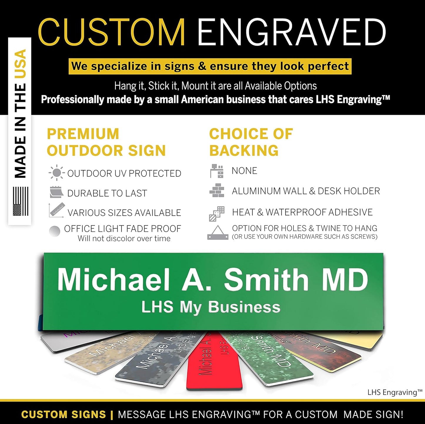 Engraved Custom Door Plate Green Plastic Office Door Sign with White Letters - Made in USA 2x10 B6