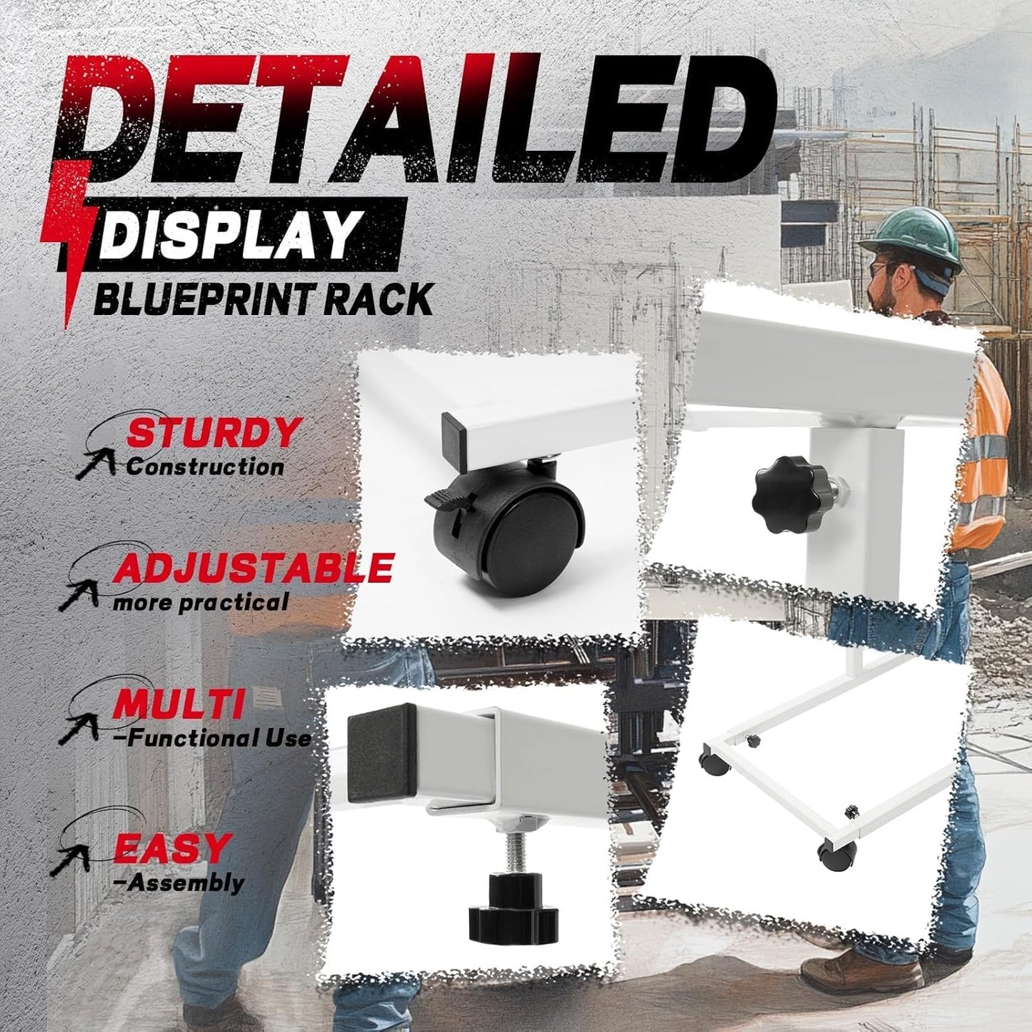 Mobile Blueprint Holder Rack Stand for for 30"/36"/42" Clamps Adjustable Portable Blueprint Storage Organizer File Plans Maps Posters and Drawings Display Rack for Home Office and Workplace