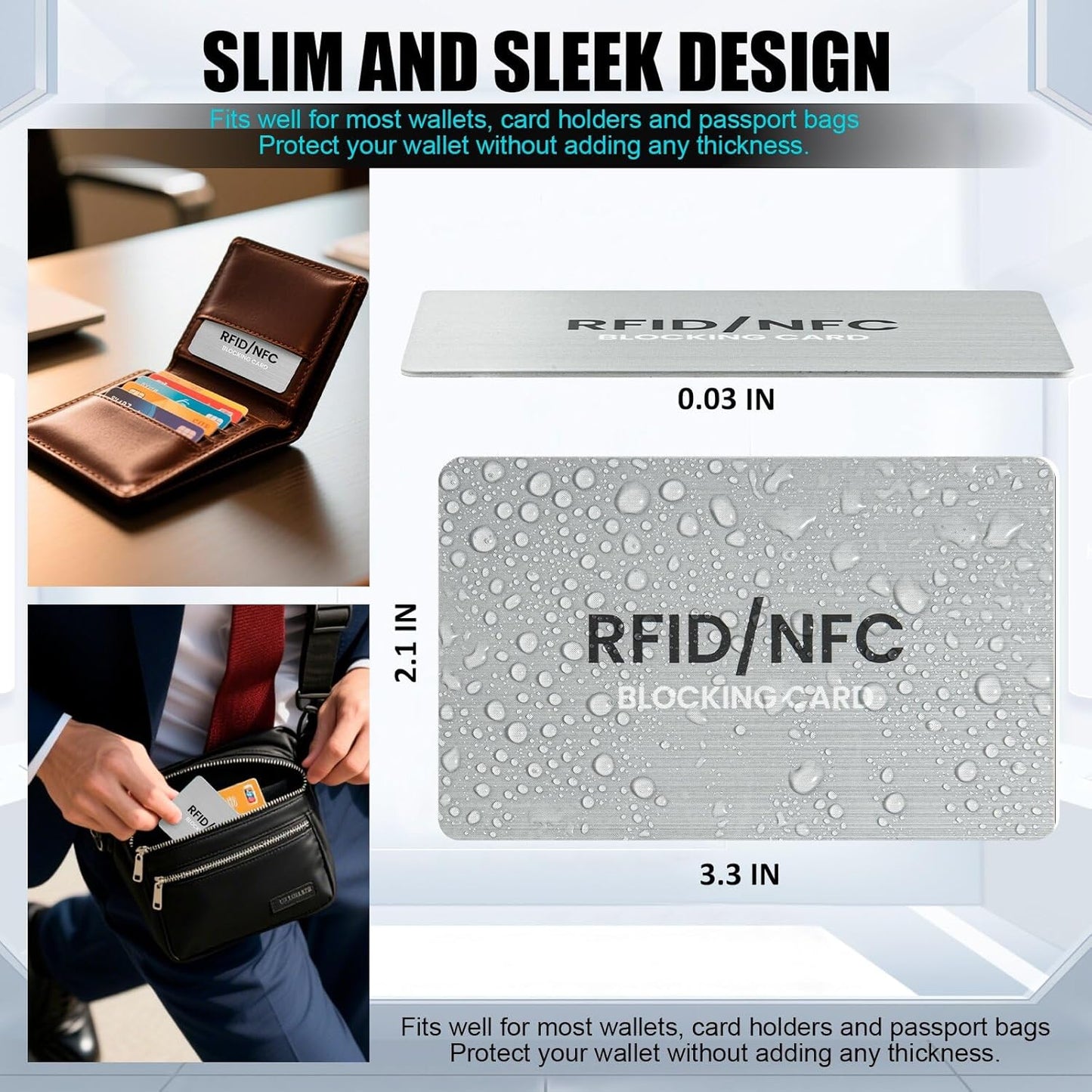 RFID Blocking Cards, Premium Contactless NFC Debit Credit Card & Passport Protector Blocker Set for Men & Women - Smart Slim Design One Card Protects Entire Wallet/Purse Safe -Silver 4 pack