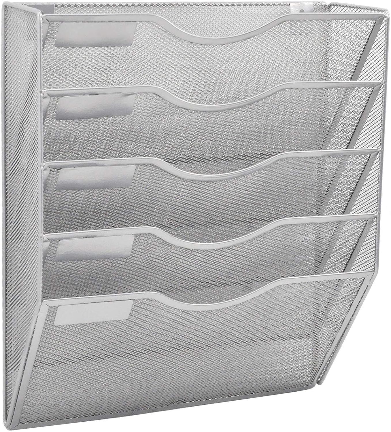 EASEPRES 5 Pocket Mesh Hanging Wall File Organizer, Wall Mounted Mail Paper Document Folder Holder, Clipboard Storage Organization Magazine Rack with Nametag Label for Office Home School, Silver