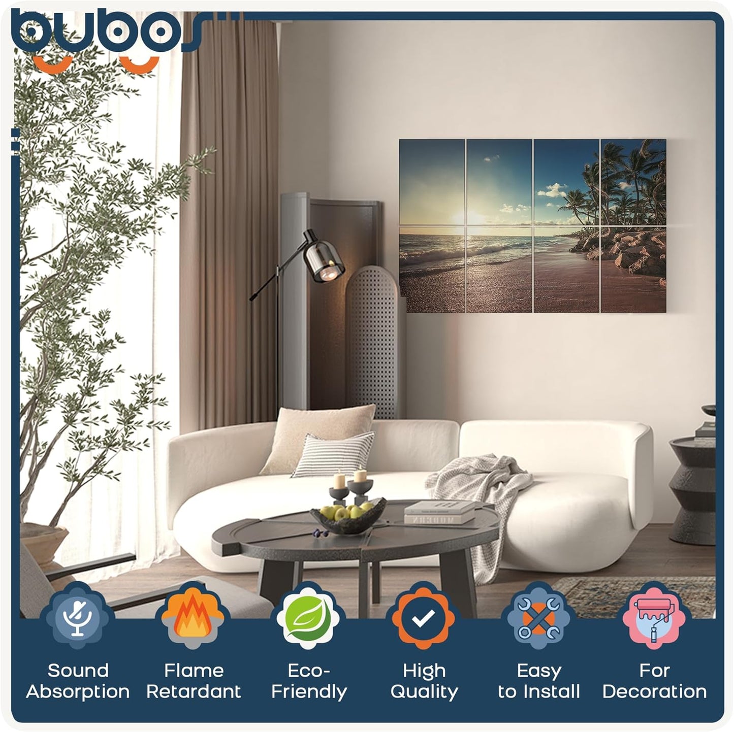BUBOS 8 Pack Art Acoustic Panels Soundproof Wall Panel,47.2X31.4 Inches Sound Absorbing Panel,Self-adhesive Decorative Acoustical Wall Panels, Acoustic Treatment for Ceiling Home Office（Beach02）