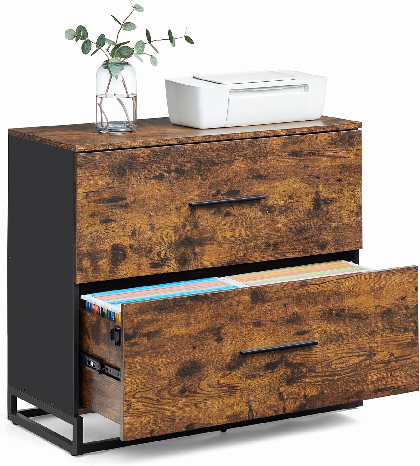 VASAGLE Lateral File Cabinet, Home Office Printer Stand, 2-Drawer Filing Cabinet, with Anti-tip Interlocking Mechanism, for A4, Letter-Size, Legal-Size Hanging Files, Rustic Brown and Ink Black