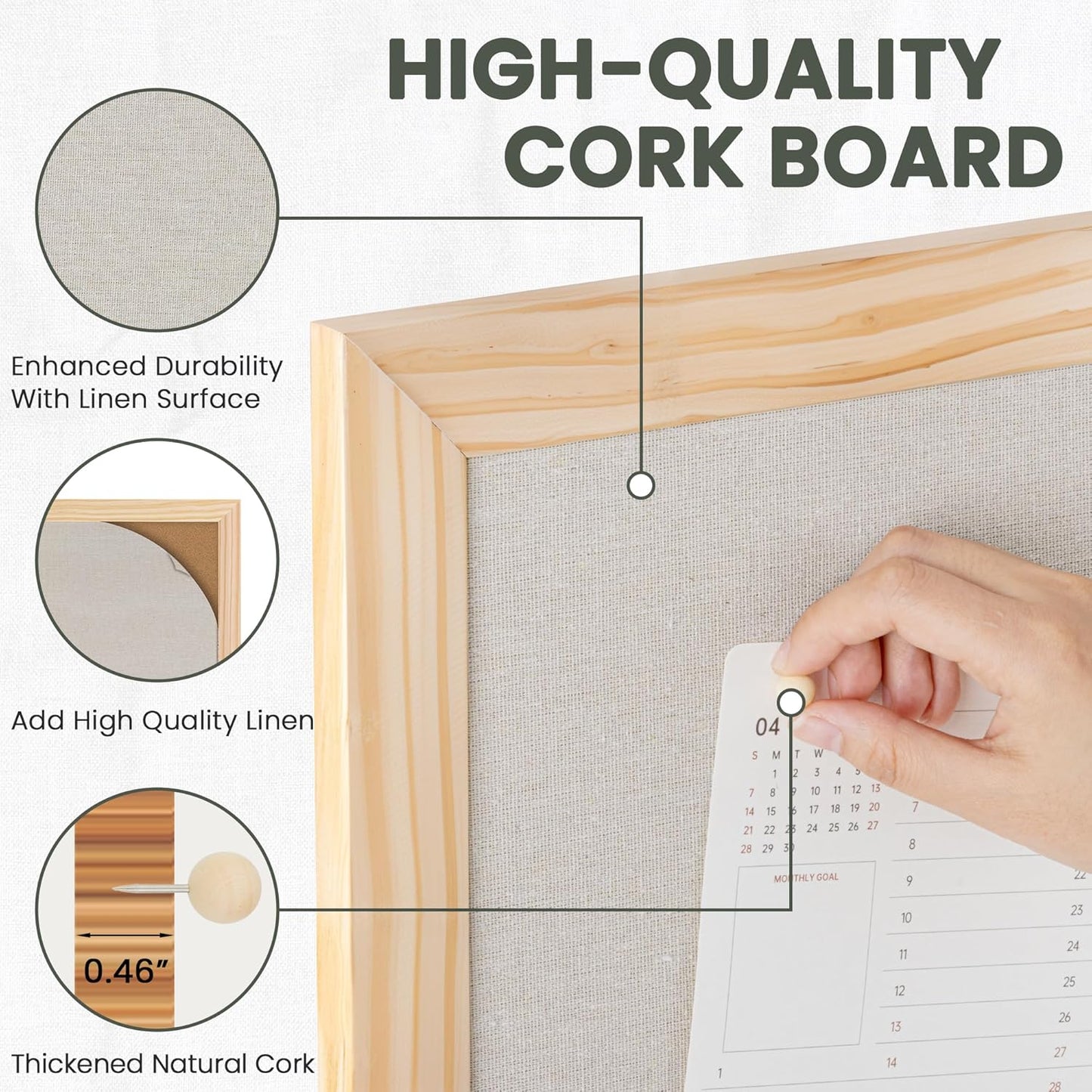 Bulletin Board Cork Board with Linen, 100% Wood Framed 24" x 36" Bulletin Board Decorations, Pin Boards for Walls, Wall Mounted Fabric Picture Board with 10 Pushpins for School, Home & Office, Natural