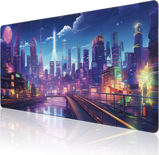 Extended Large Gaming Mouse Pad, Cyberpunk Streets Large Desk Mat for Desktop XXL, Non-Slip Rubber Base Stitched Edges Long Computer Keyboard Desk Pad Mouse Mat for Gaming Home Office 35.4"X15.7"