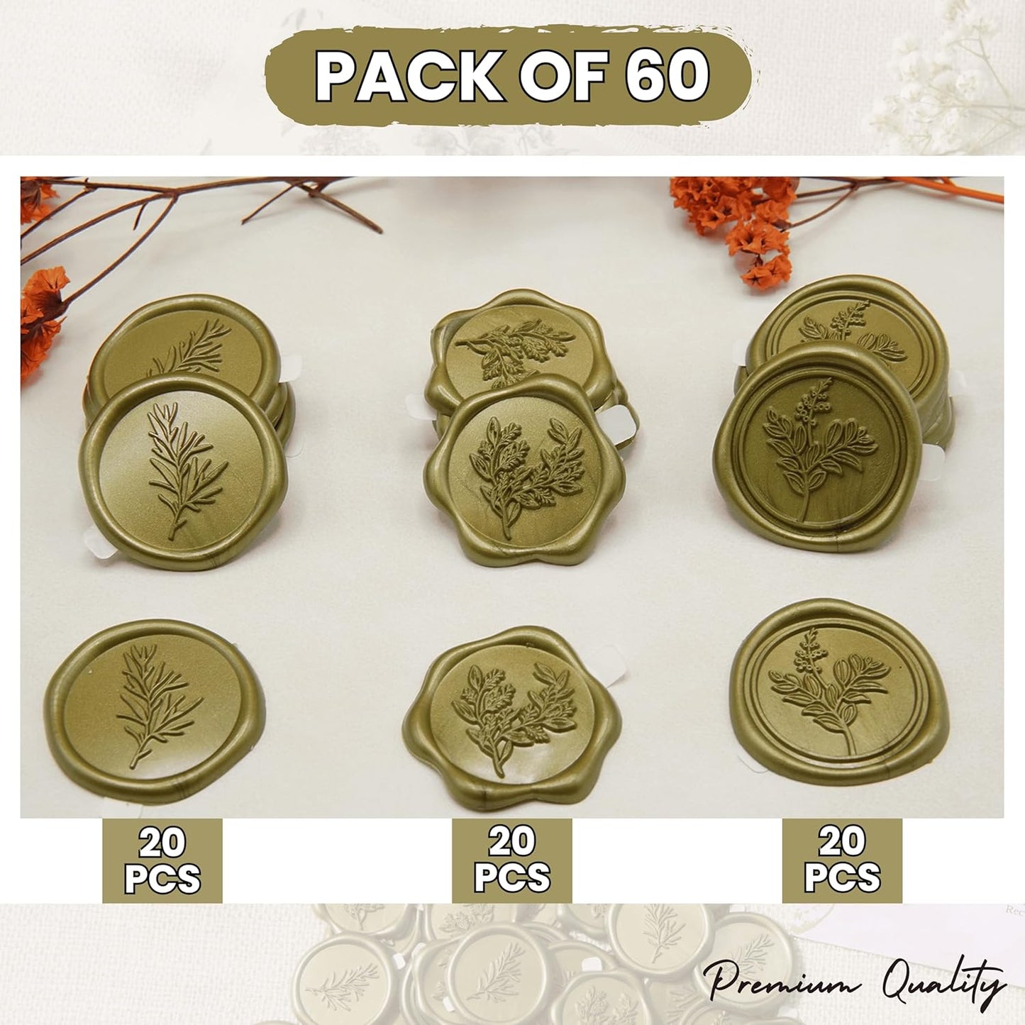 Wax Seal Stickers (60 Pcs, 3 Designs in 1 Pack) Premium Envelope Seal Stickers for Wedding Invitation Envelopes, Adhesive Wax Seals, Perfect for Seating Chart, Gift Wrapping