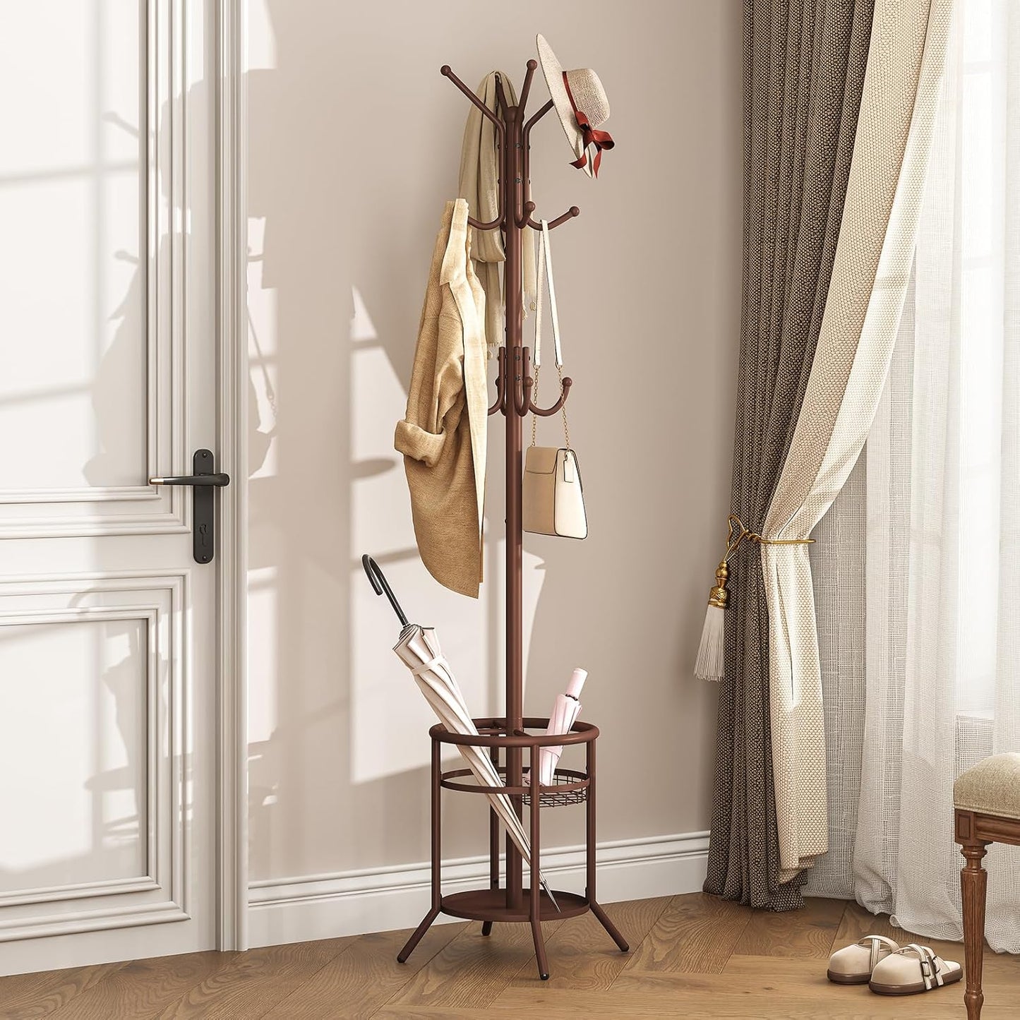 ELYKEN Coat Rack Freestanding, Metal Coat Rack Stand with Umbrella Holder, Modern Coat Tree with 12 Hooks, Floor Standing Corner Hall Tree for Entryway Living Room Bedroom Office, Brown