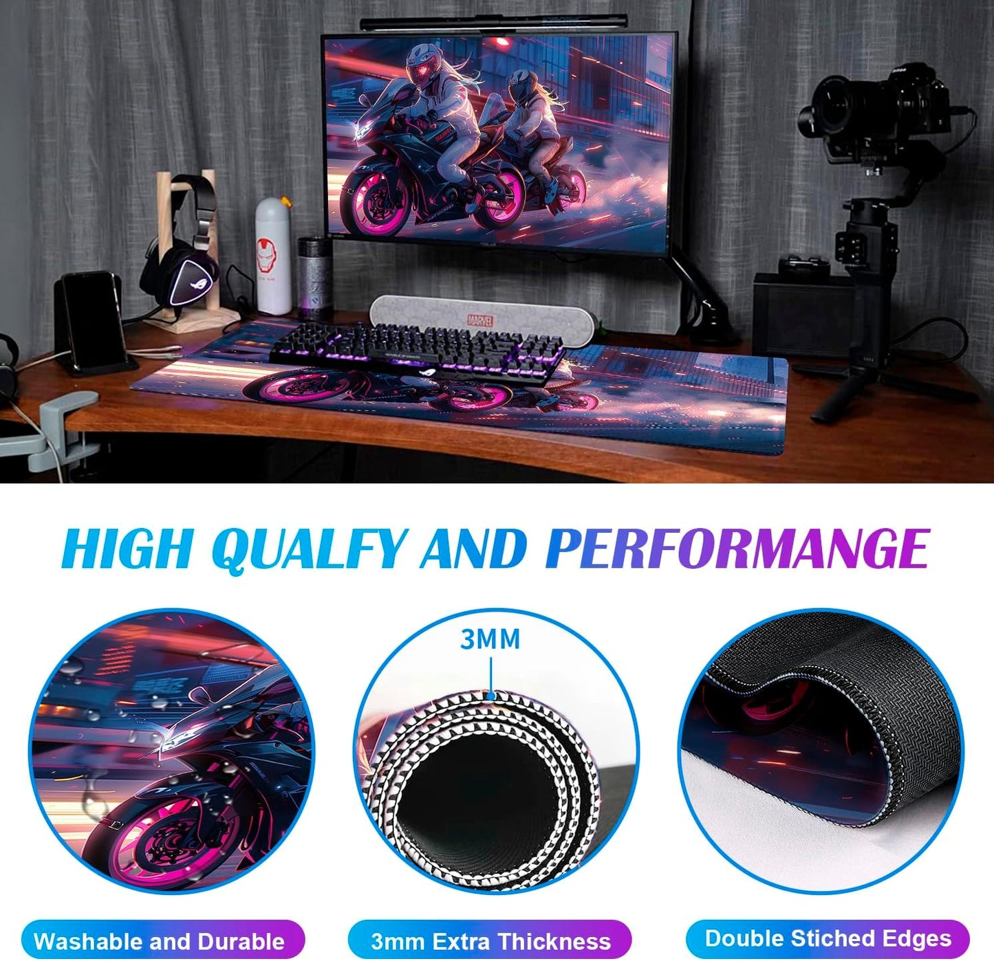 Anime Knight Motorcycle Mouse Pad Large Cool Sports Car Office Men's and Women's Desktop Pad, Super Large Motorcycle Computer Game Mouse Pad 35.4 x 15.7 Inches