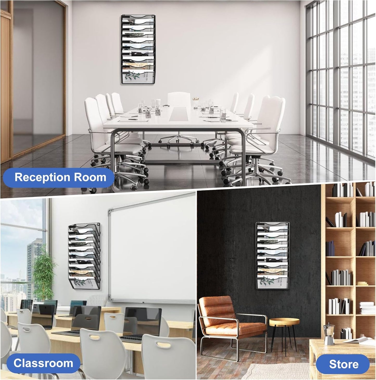 EasyPAG Wall File Holder Organizer 10 Pocket Mesh Hanging Wall Mounted Document Paper Folder Filing Magazine Rack with Nametag Label for Office Home School, Black