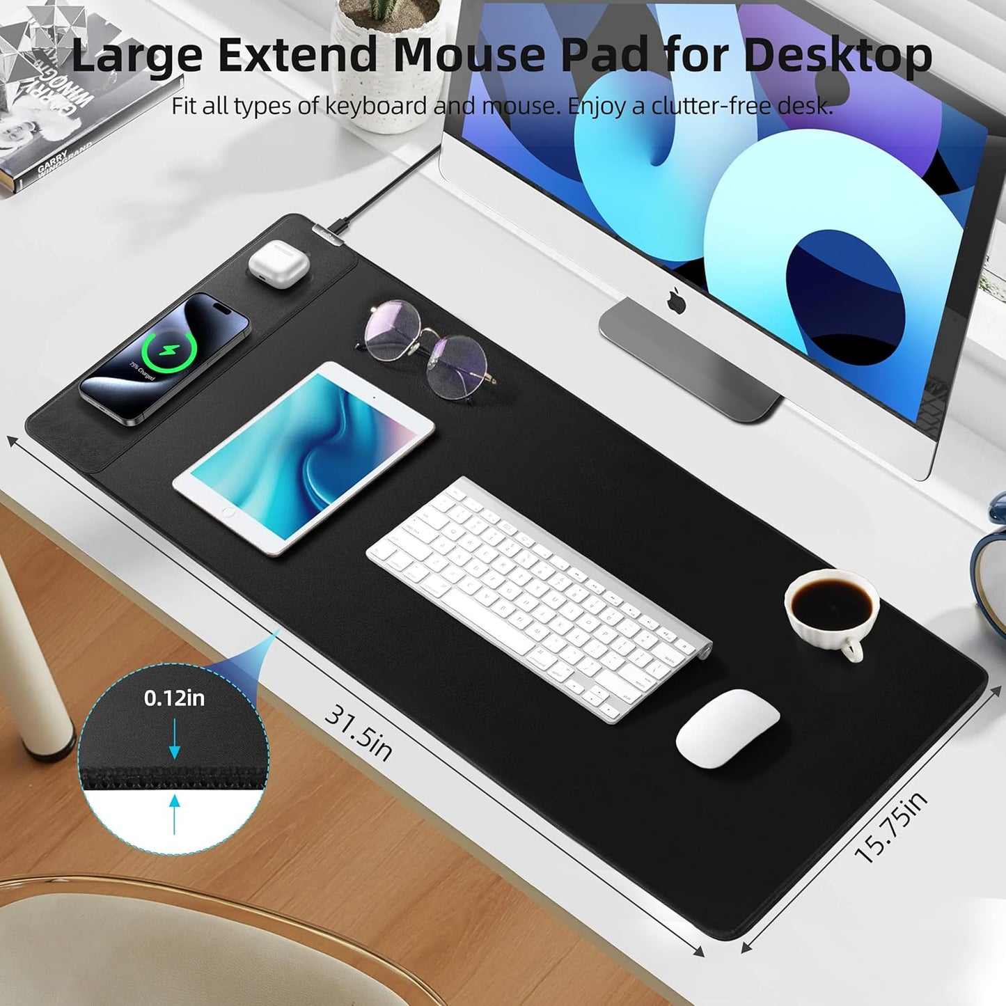 Mouse Pad with Wireless Charging, Gaming Mouse Pad with Ultra-Smooth Surface, Large XXL Desk Mat, Non-Slip, Waterproof Computer Keyboard Pad, 800x400x4MM, Included 20W PD Power Adapter