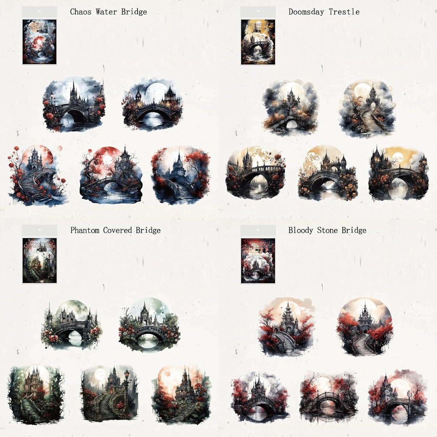 40 Pieces Gothic Bridge and Castle PET Scrapbook Stickers, 4 Pack Large Size Aesthetic Decorative Stickers for Scrapbooking, Planner, Junk Journaling Supplies, DIY Arts, Crafting