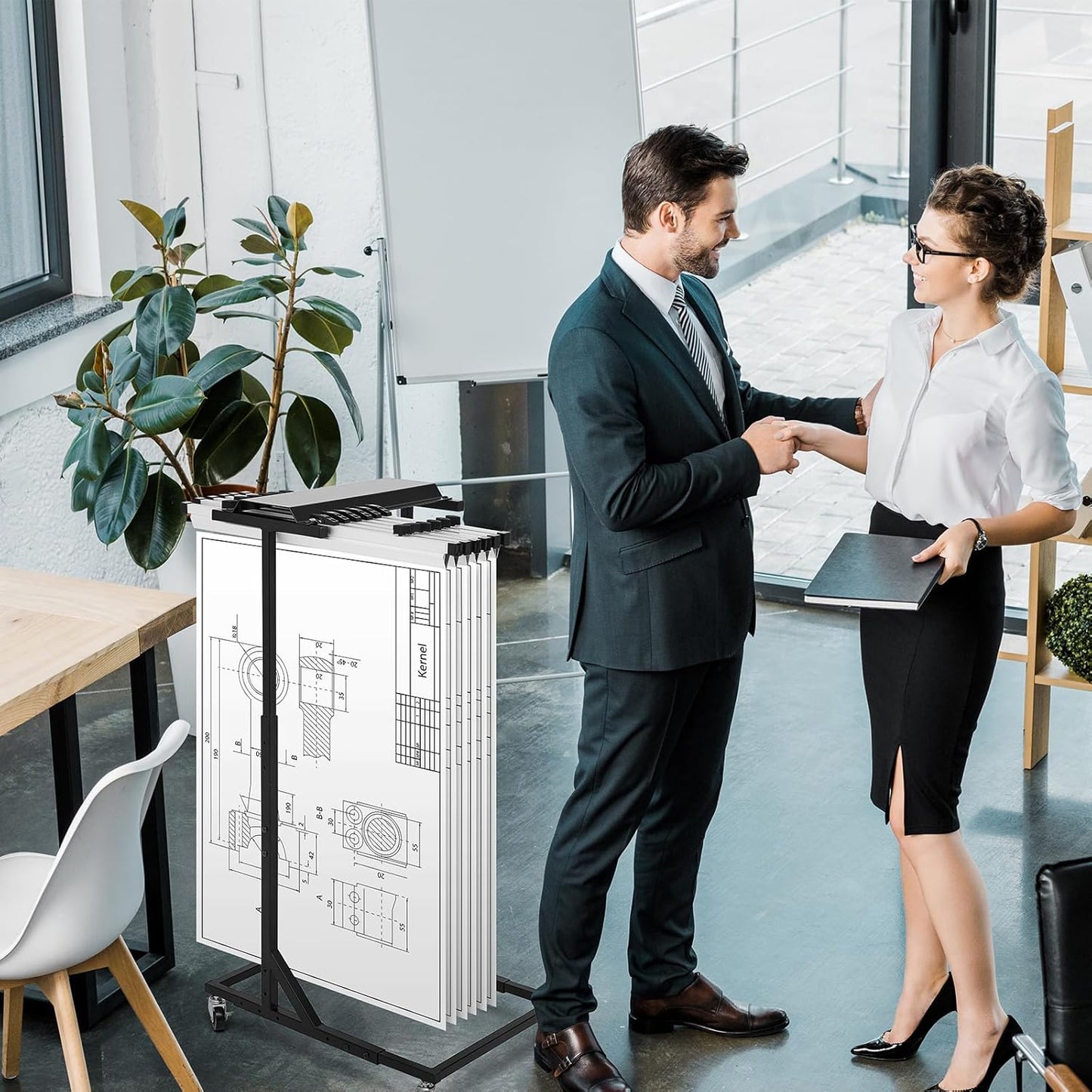 Estune Mobile Blueprint Storage Rack 18"- 42" Adjustable Mobile Blueprint Holder with 4 Wheels Fits 20 Clamps for File Display Plan Office Home ( Not Included Hanging Clamps)