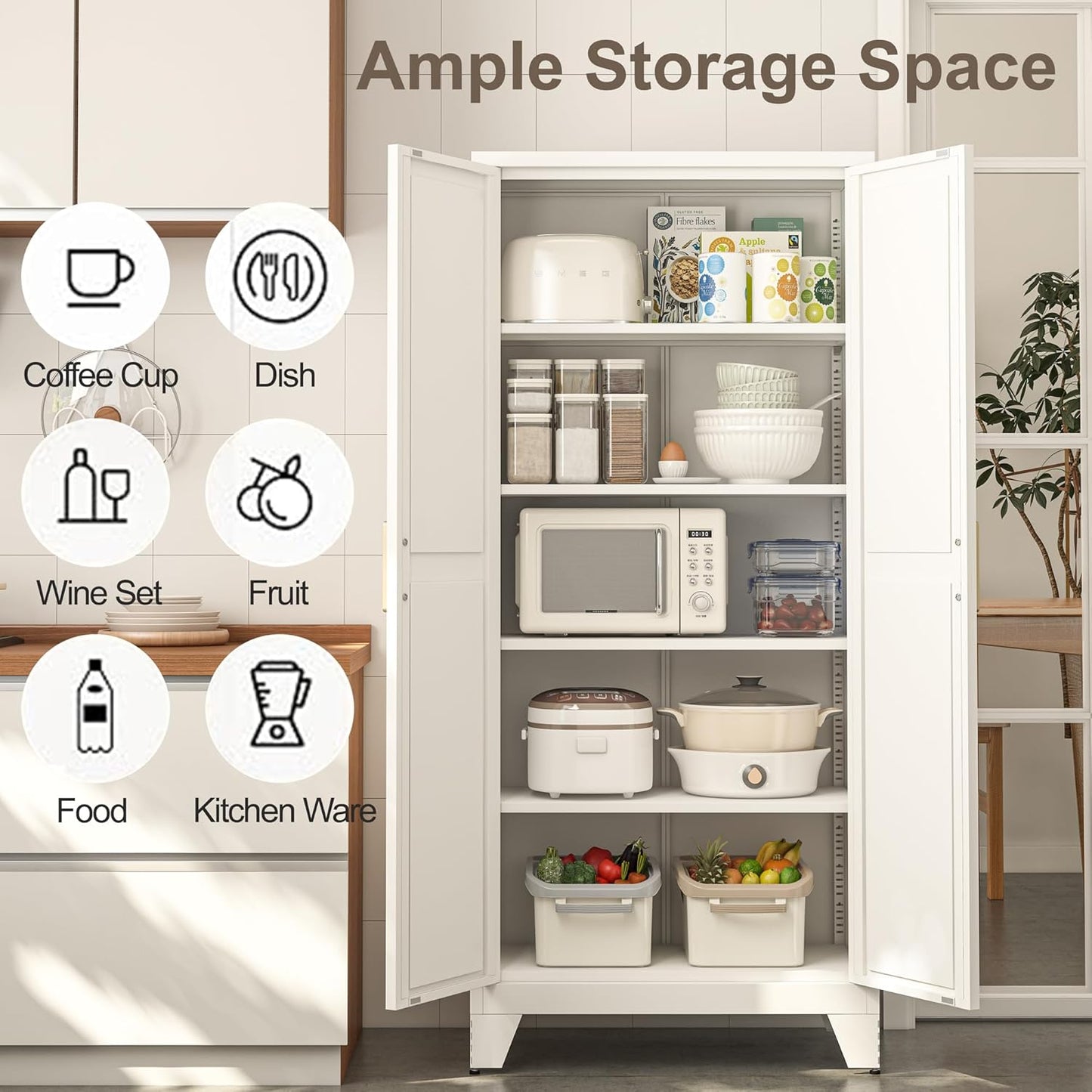 71H Tall Metal Storage Cabinet with 2 Doors and 5 Shelves,Farmhouse Storage Cabinet with Barn Doors,Pantry Storage for Home,Office,Dining Room,Kitchen,Bathroom(White)