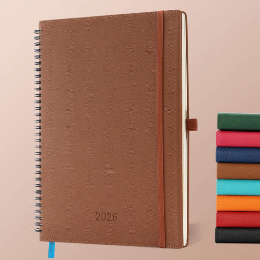 Planner 2026 Daily Weekly and Monthly,11.5"x8.5",12 Months Spiral Bound Calendar Agenda with Self-adhesive Pen Holder,2026 Appointment Book with Vegan Leather Soft Cover,Brown