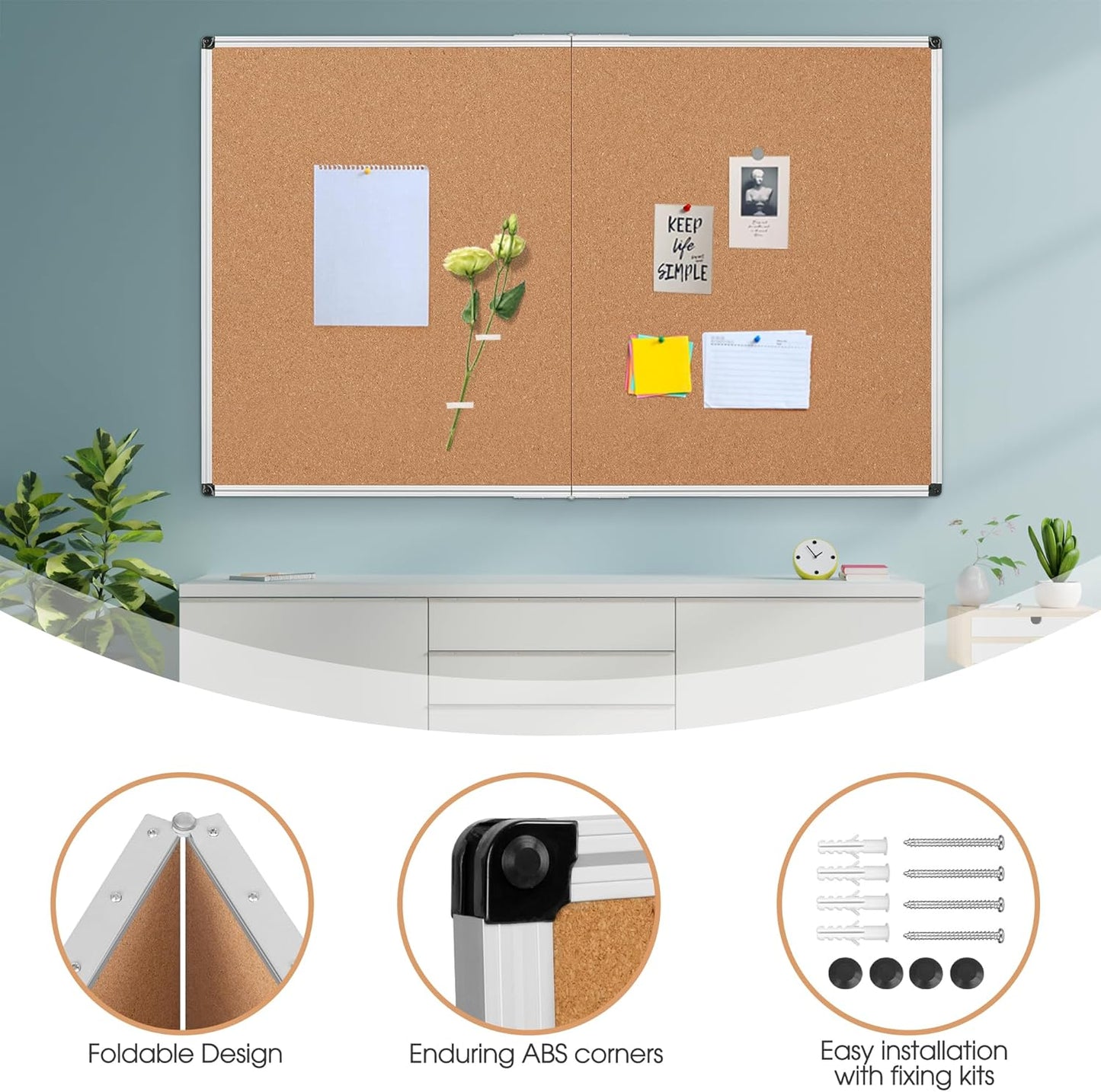Board2by Extra Large Cork Bulletin Board 72" X 48", Foldable Notice Pin Board for Wall, Silver Aluminum Framed 6'x4' Corkboard, Wall Mounted Noticeboard with 36 Push Pins for School, Home & Office