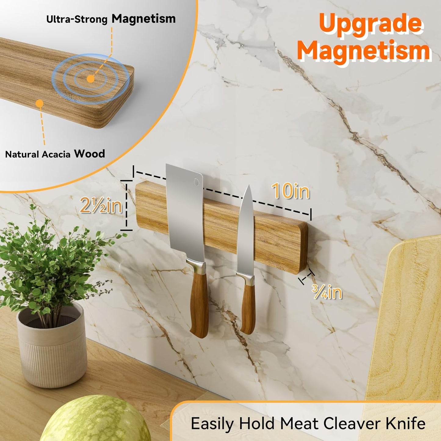 Magnetic Knife Holder for Wall, 10" Acacia Wood Knife Magnetic Strip No Drill Knife Magnet Storage Bar Magnetic Tool Key Holder Strip for Wall Use as Knife Rack for Kitchen Utensil Organizer Natural