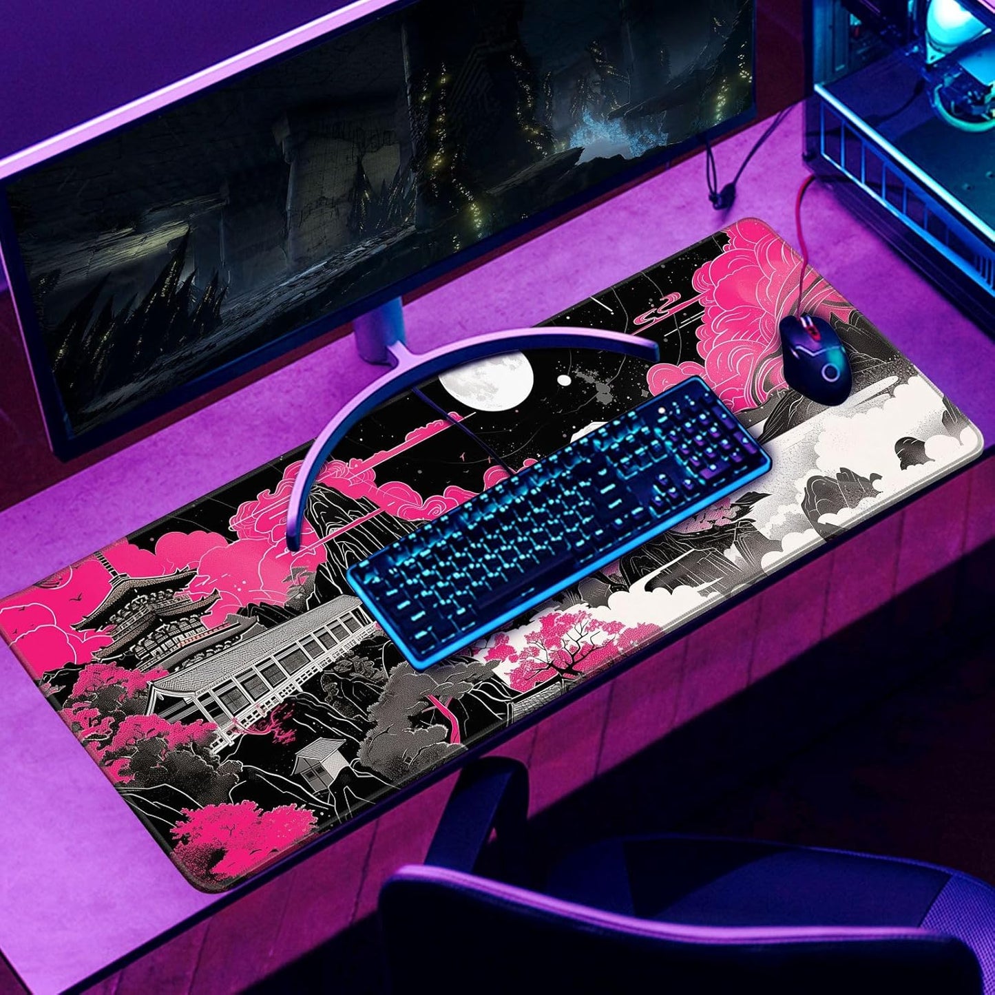 Future Kyoto Mouse Desk Pad Japanese Pink Desk Mat Desk Decor Black White Large Gaming Mouse Pad for Desk Mousepad Computer Office Keyboard Laptop Big Mouse Pad Xl-31.5x11.8 in