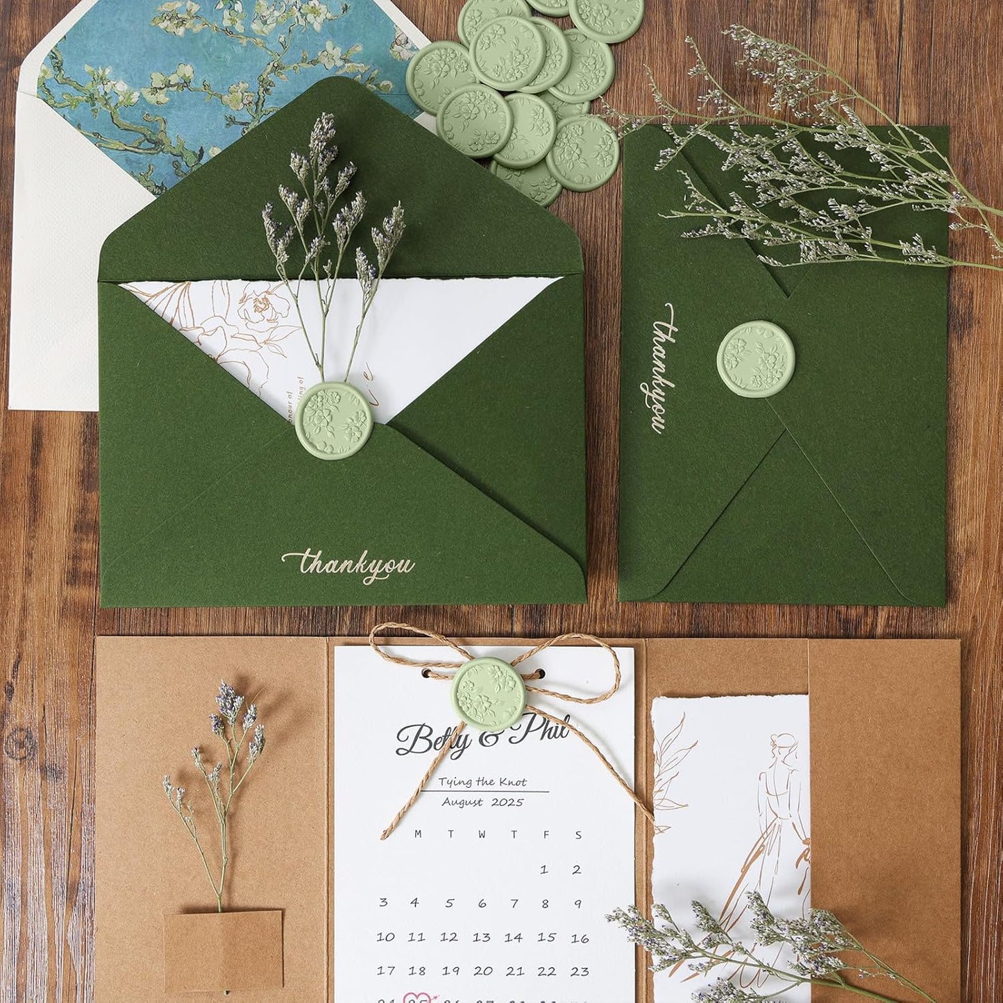 UNIQOOO Wax Seal Stickers - 3D Begonia Wedding Invitation Envelope Botanical Seal Stickers, 50 Pcs Self- Adhesive Sage Green Stickers, Perfect for Invitation, Christmas, Gift Wrapping, Party