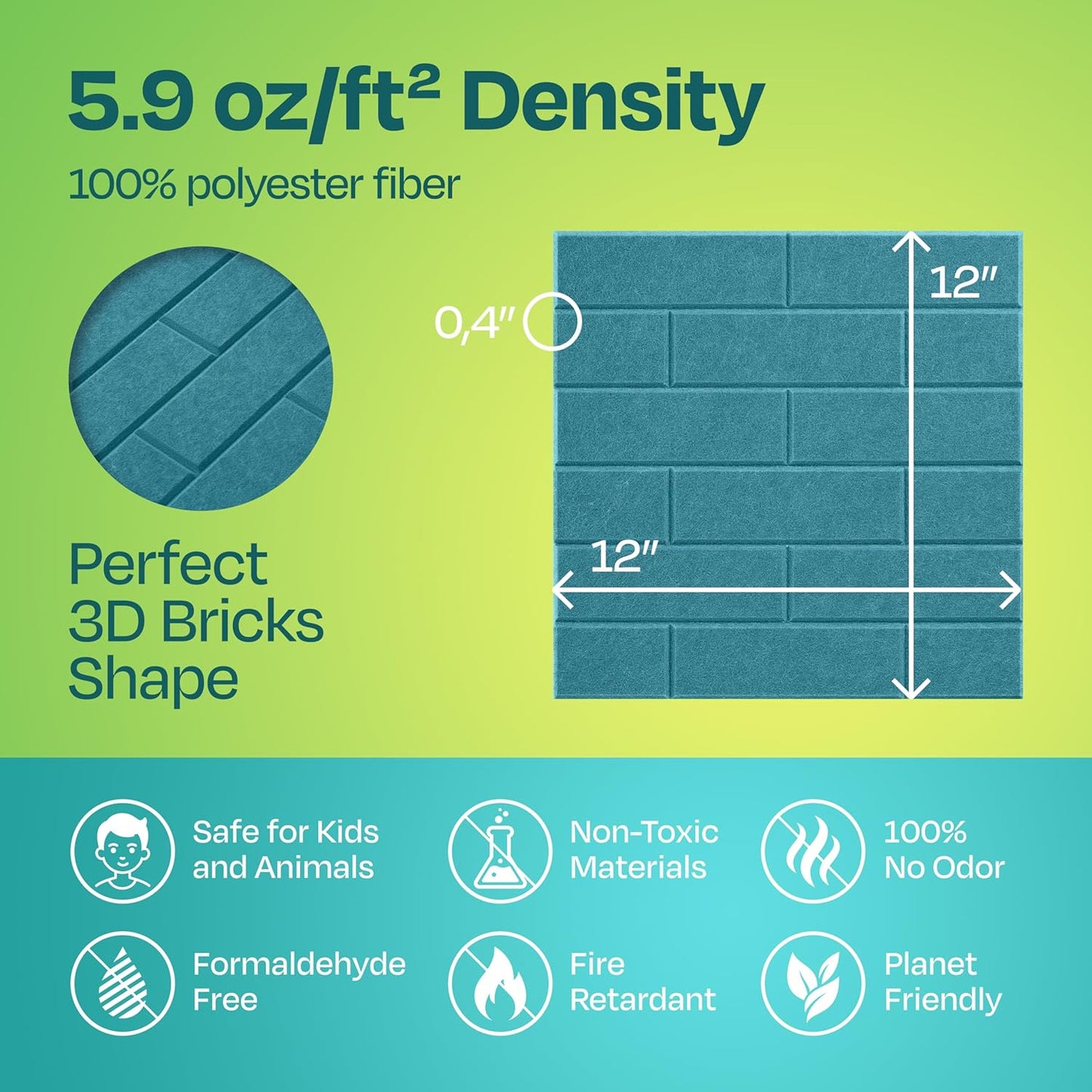 Acoustic Panels 18-Pack Premium Sound Dampening Panels - 12"X12"X0.4" Brick Style, Easy Self-Adhesive Installation - Light Turquoise