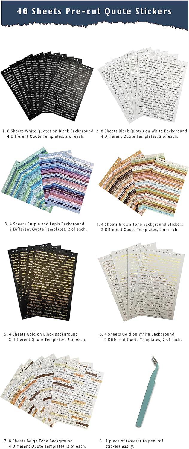 2370 Pcs Word Stickers for Journaling,40 Sheets Quote Stickers Gold Foil Small Talk Stickers for Junk Journal Craft,Scrapbooking Supplies for Bullet Journal Scrapbooking DIY Craft Card Making