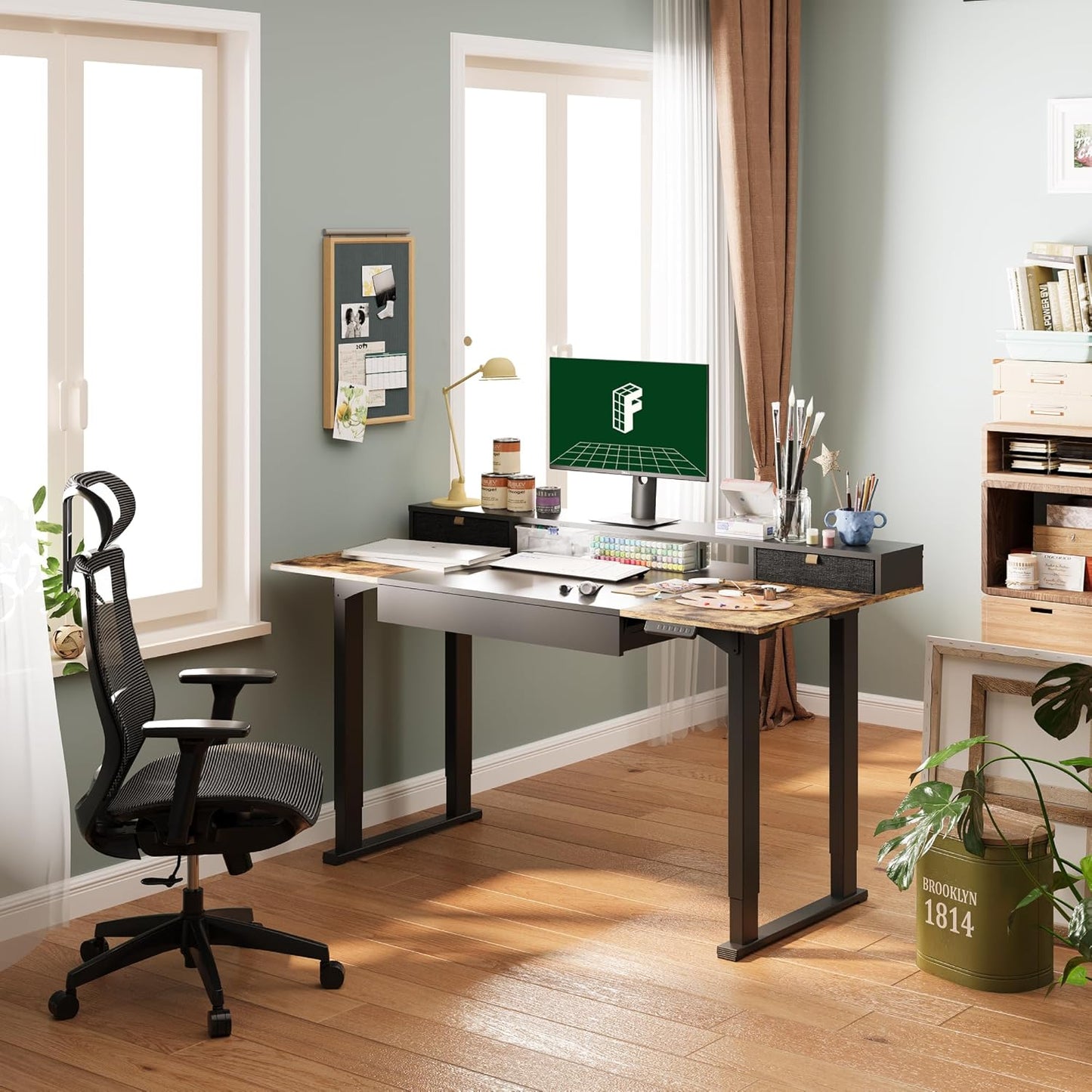 FLEXISPOT 4-Leg Standing Desk with Storage 71x32 in Electric Adjustable Height with 3 Drawers & Shelving Home Office Workstation (Black + Special Walnut Top)