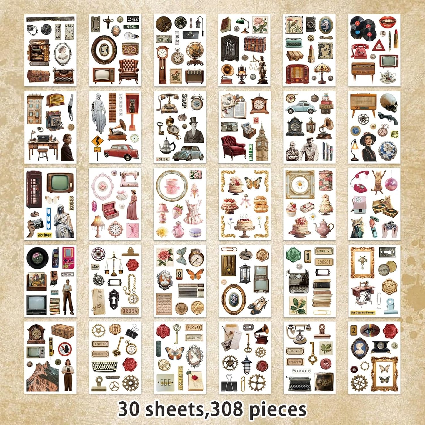 Vintage Sticker Book, 30 Sheets 308 Pcs Aesthetics Stickers for Journaling Scrapbooking Bullet Journals Planners Letter Card Making