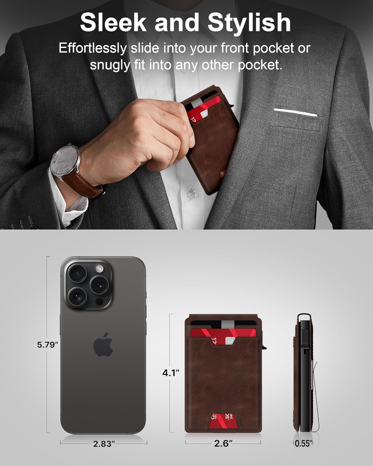 typecase Mens Wallet Card Holder: Pop Up Card Case, Genuine Leather, Smart, RFID Blocking, Slim, Minimalist, Thin, Front Pocket - 9-13 Card Capacitiy | ID Window | Money Clip (Brown)