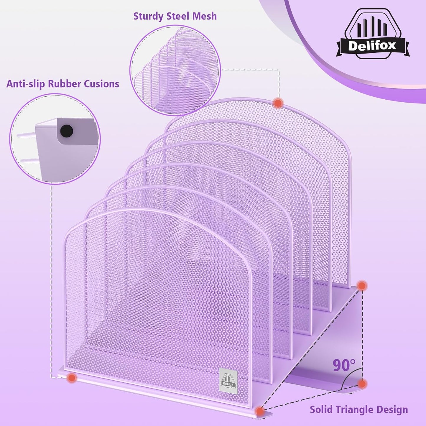 Inclined Desk File Organizer, 5-Section Vertical File Folder Holder Stand Metal Rack File Sorter for Office Classroom Desktop Organization (Purple, 2Pack)