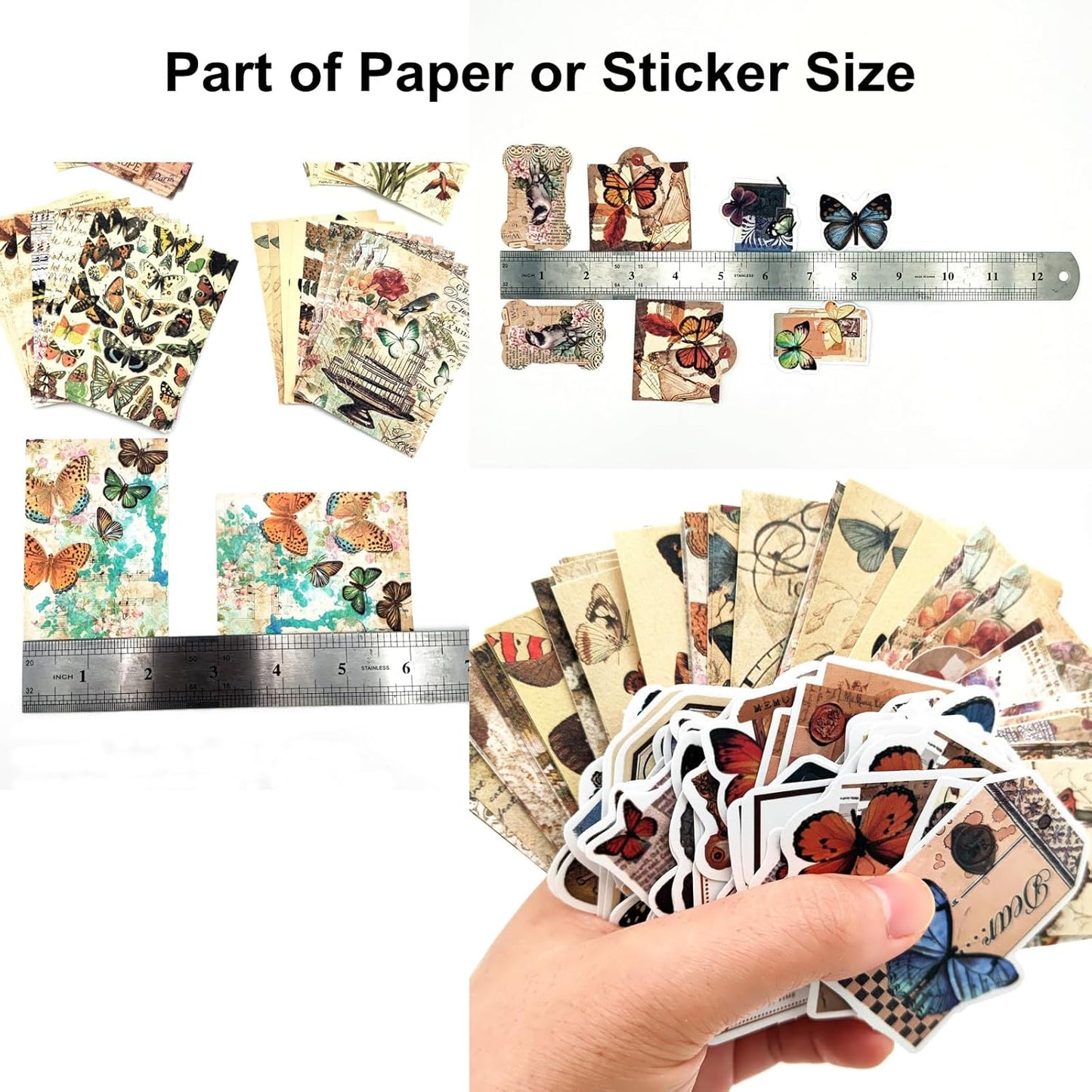 200PCS Vintage Scrapbooking Supplies Pack, Aesthetic Scrapbook Sticker Paper Art Journaling Kit for Bullet Junk Journals,Planner,Cottagecore Decor Gifts (Butterfly)