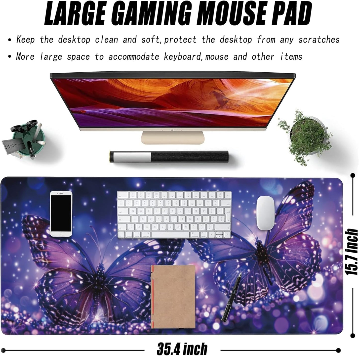 Extended Large Gaming Mouse Pad, Sparkling Purple Butterflies Large Desk Mat for Desktop, Non-Slip Rubber Base Stitched Edges Long Computer Keyboard Desk Pad Mouse Mat for Home Office 35.4"X15.7"