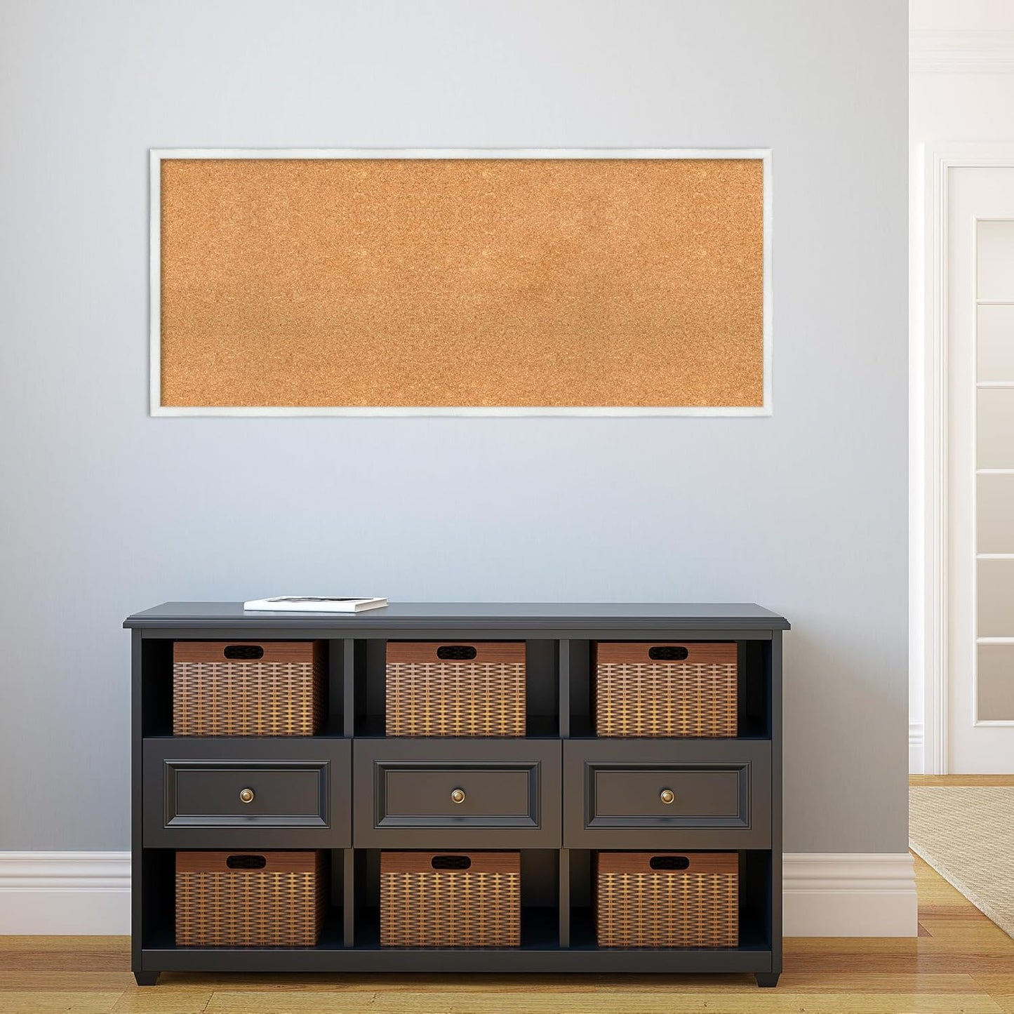 Amanti Art Natural Cork Board for Wall, 21x49 Vision Board with White Frame, Oversize Corkboard Office Decor for Home Organization, Country Rustic Corkboard Pinboard to Display Items for Home