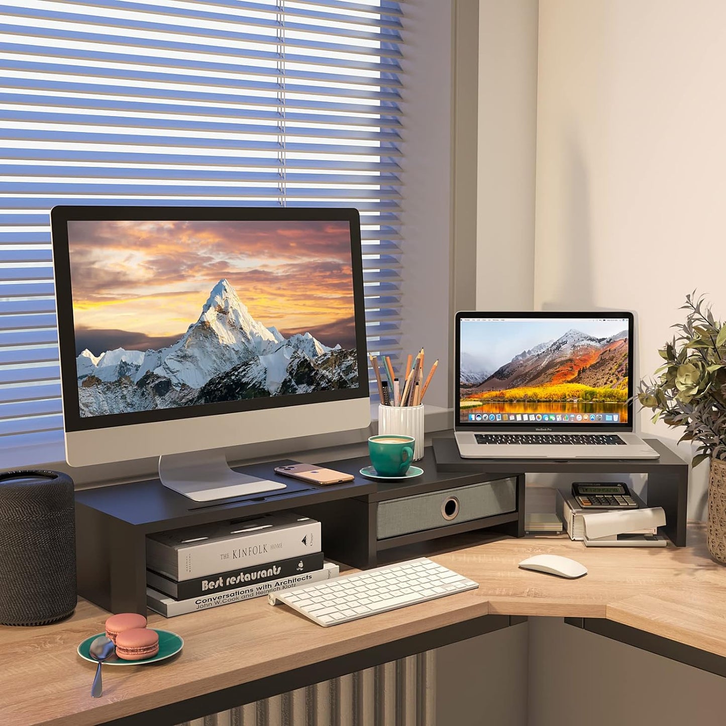 WESTREE Dual Monitor Stand Riser with Drawer, Adjustable Length and Angle Monitor 2 Solts for Phone & Tablet, Desktop Organizer Stand for Computer/Laptop/PC/Printer