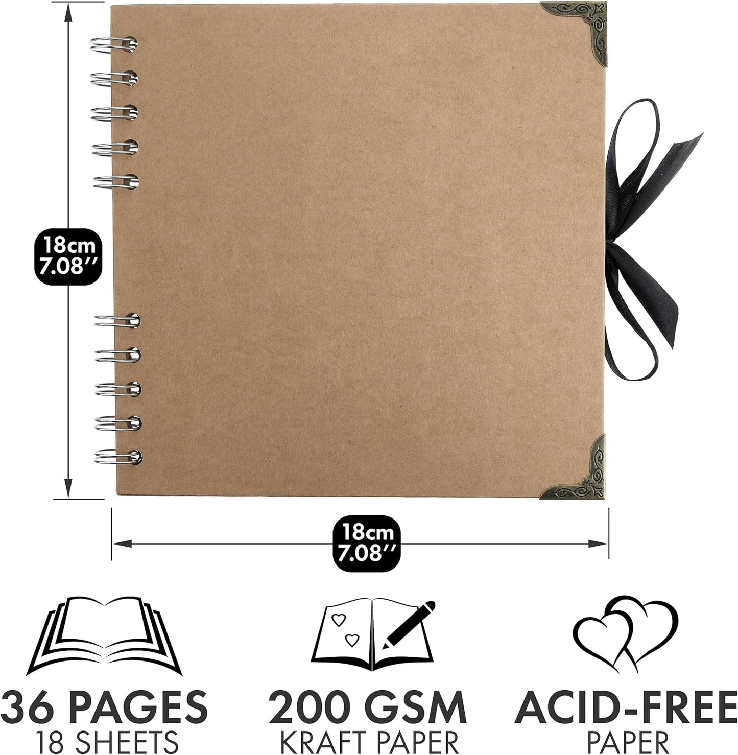 Bstorify Square Scrapbook Photo Albums 36 Pages (7 x 7 inch) Brown Thick 200gsm Kraft Paper Scrap Book, Ribbon Closure - Ideal for Your Scrapbooking Albums, Art & Craft Projects (7 x 7 Inch, Brown)