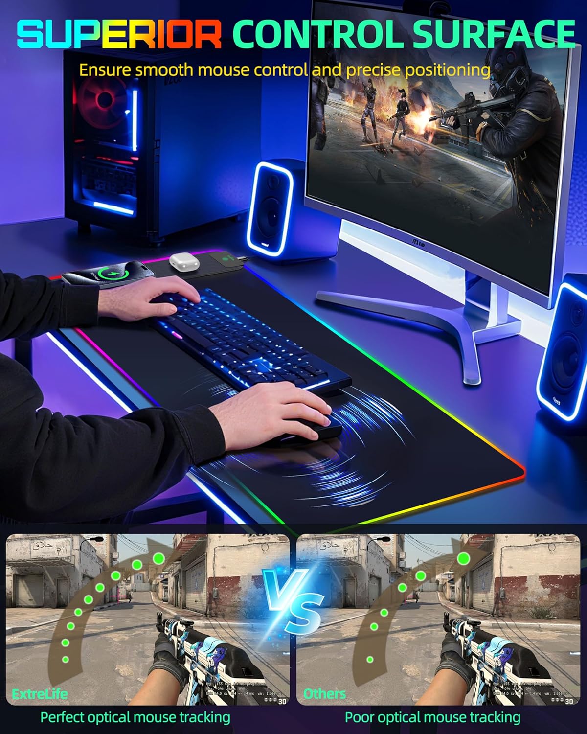 Mouse Pad with Wireless Charging, RGB Gaming Desk Mat, 31.5"x15.7" Large XXL Desk Pad, 15 Lighting Modes, Non-Slip Mouse Mat, Waterproof Computer Keyboard Pad, Black with 20W PD Power Adapter