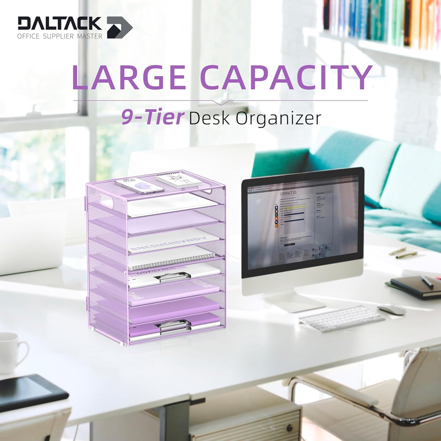 DALTACK 9-Tier Paper Letter Tray Desk Organizer with Handles, Mesh File Holder Organization, Paper Sorter Desk Organizer for Office Home School, Purple