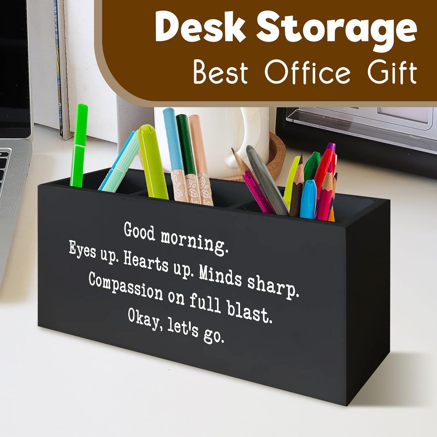 Positive Black Pen Holder for Desk, Inspirational Desk Decor, Funny Gifts for Coworkers Women Men Wooden Pen Pencil Holder Organizer for Office Accessories
