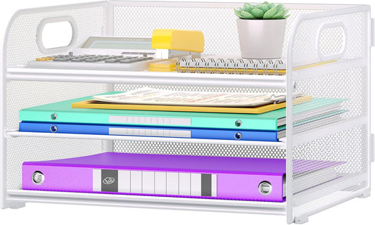 3 Tier Paper Organizer with Handle, Metal Desk Organizer Mesh Paper Letter Tray Desktop File Folder Document Sorter for Classroom, School, Office Accessories Organization and Storage - White