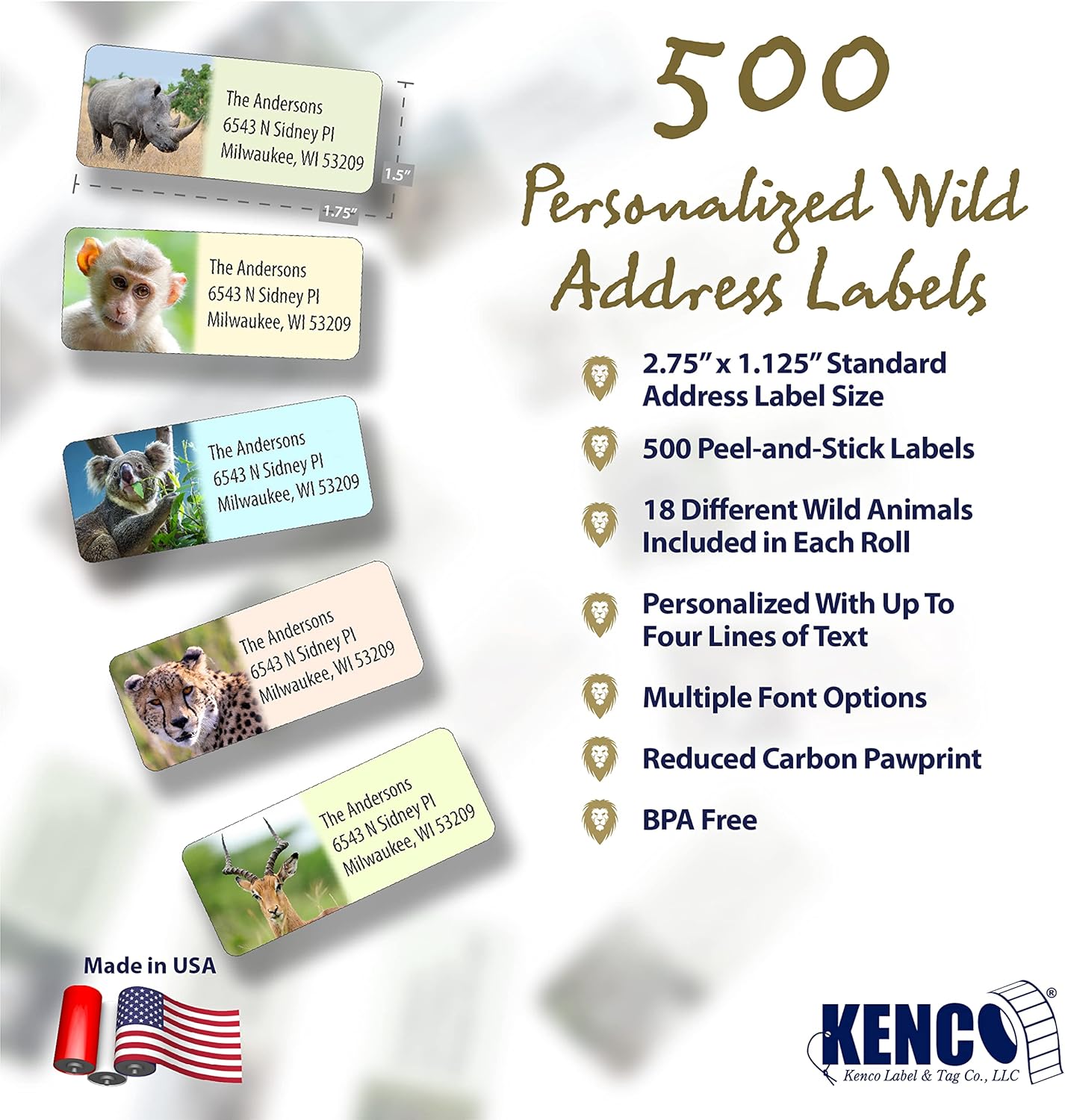 Customized Personalized Address Labels - Made in The USA by Kenco (Wild Animals, 500 Labels)